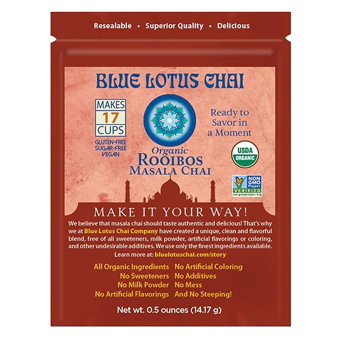Blue Lotus Chai - Rooibos Masala Chai - Makes 17 Cups - 0.5 oz Pouch Masala Spiced Chai Powder with Organic Spices - Instant Indian Tea No Steeping - No Gluten