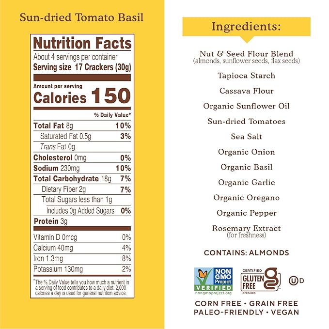 Simple Mills Almond Flour Crackers, Sundried Tomato & Basil - Gluten Free, Vegan, Healthy Snacks, Plant Based, 4.25 Ounce (Pack of 6)
