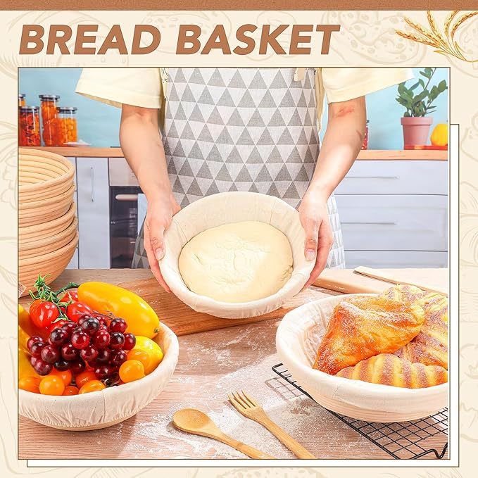 Gejoy Banneton Bread Proofing Basket Set of 8, Round Sourdough Bread Baking Bowl Kit with Cloth Liners and Dough Scrapers Natural Rattan Banneton Sourdough Bowl Basket for Bakers(9 Inch)