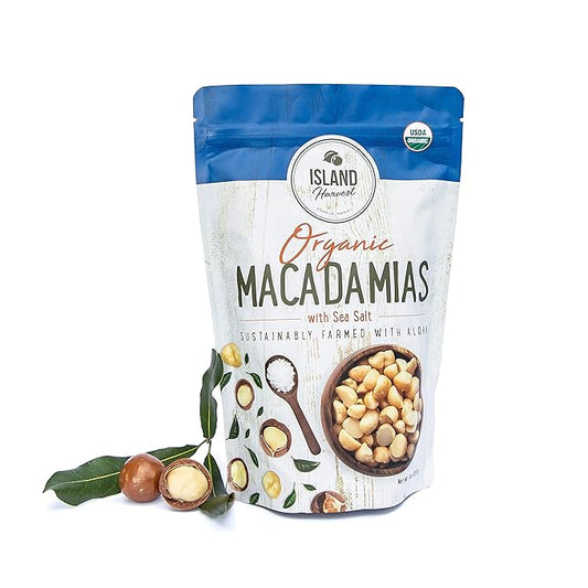 Island Harvest Organic Macadamia Nuts with Sea Salt - 100% Hawaiian Keto Friendly Nuts; All-Natural Non-GMO Macadamia Nuts Salted; Dry Roasted Nuts High In Fiber; 8 Ounce (Pack of 1)