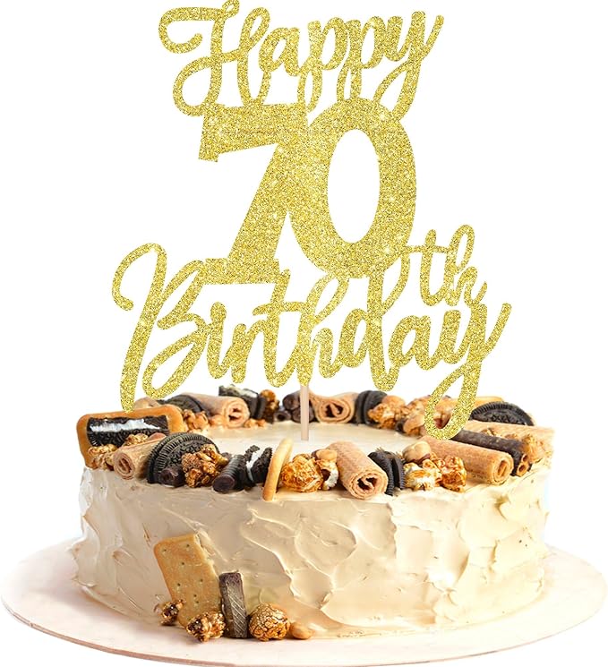 1 PCS Happy 70th Birthday Cake Topper Glitter Cheers to 70 Years Birthday Cake Pick Seventy Hello 70 Fabulous Cake Decoration for Happy 70th Birthday Anniversary Party Decorations Supplies Gold