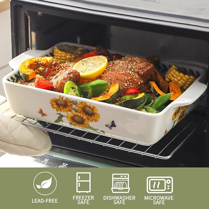 Ceramic Baking Casserole Dish with Handles, Large 8x13 inch & 6x10 inch Pan and Middle Baking Pan - Porcelain Serving Bakeware Set (Sunflower)