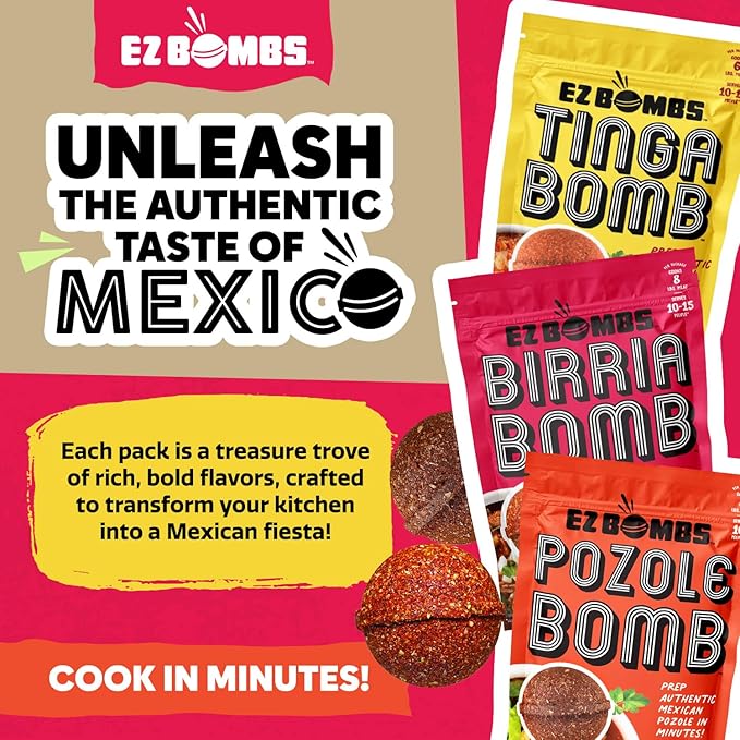 EZ Bombs Variety Pack – Pozole, Tinga & Birria Bomb Seasonings – Authentic Mexican Spice Mix for Tacos, Tortas, Nachos & Pozole Soup – Made with Real Chiles, Herbs & Spices for Quick, Flavorful Meals