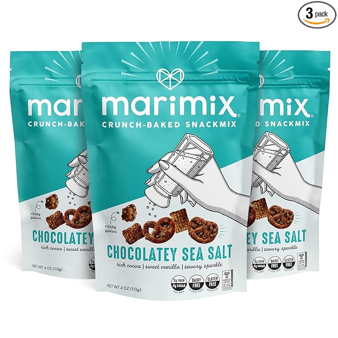 Marimix Snack Mix | Chocolatey Sea Salt 3 Pack | Crunch Baked Sweet & Salty Savory Plant Based Naturally Gluten Free Whole Grain Fiber Charcuterie Pretzel Trail Party Mix | No Artificial Ingredients
