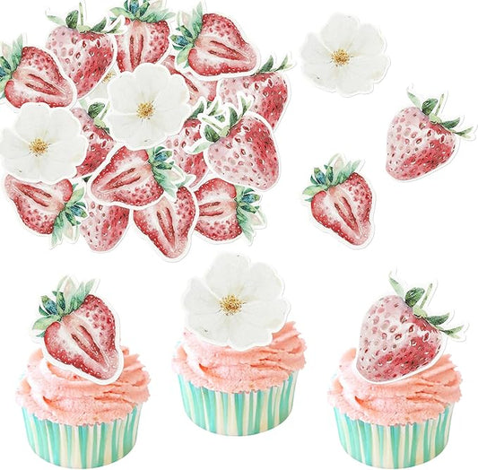 60 Pack Edible Sweet Strawberry Cupcake Toppers First Birthday Strawberry Cake Toppers Rice Paper Wafer Paper Cake Picks for Fruit Baby Shower 1st Birthday Berry Sweet Kids Cake Decorations Pink