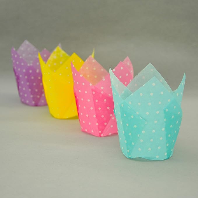 Large Muffin Greaseproof paper Baking cupcake cups, 2-1/4" x 4" Blue,Yellow,Pink,Purple printed with Polka Dot(each colour about 32 pcs, total 125 pcs) Tulip Baking Cup(Large) (125, Multi)