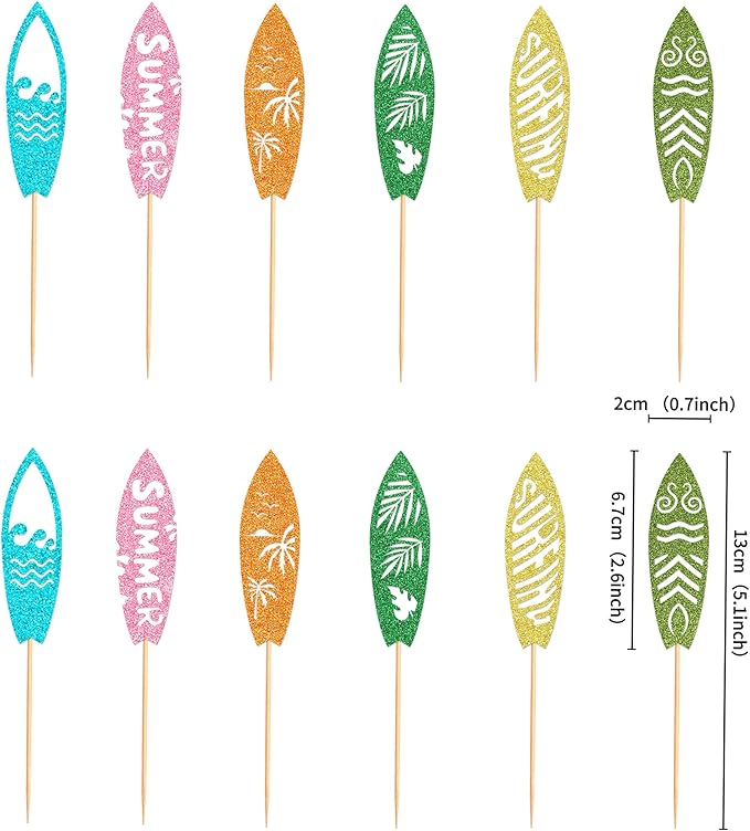 24Pcs Surfboard Cupcake Toppers Swimming Pool Birthday Party Decorations Picks Surfboard Mini Accents for Swimming Pool Summer Beach Party Baby Shower Party Supplies