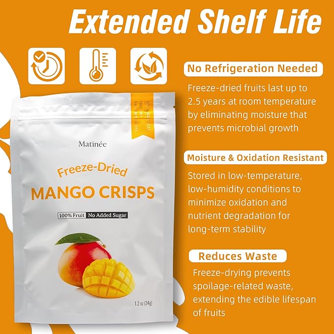 MATINÉE Freeze Dried Mangoes, Dehydrated Fruit, Dried Fruit Snack for Baking, Yogurt & Kids Treats-Vegan, Non-GMO, Preservative Free, 1.2oz, 34g (Pack of 4 Bag)