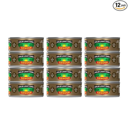 Genova Premium Solid Light Tuna in Olive Oil, 5 Ounce Cans, 12-Pack ??Nutrient Rich, High Protein Canned Tuna Fish - Delicious, Easy, Nutritious Ready to Eat Meals
