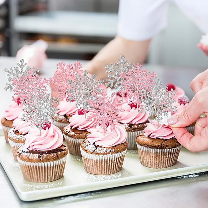 Rsstarxi 24 Pack Snowflake Cupcake Toppers Glitter Winter Wonderland Theme Cupcake Picks Snowflake Cake Decorations for Winter Frozen Baby Shower Birthday Party Decorations Silver Pink