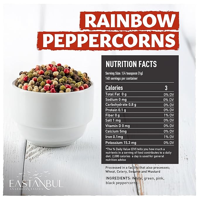 Eastanbul Rainbow Peppercorns for Grinder Refill, 4.9oz, Peppercorns Whole Rainbow White, Green, Pink, Black Pepper for Grinder Refills, Medley, Mixed, Assorted Pepper, Natural, Vegan, Non-GMO
