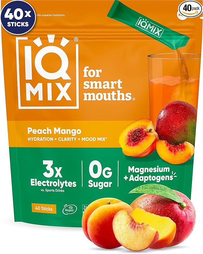 IQMIX Hydration Electrolyte Powder ??4-in-1 Formula for Hydration, Mental Clarity, Mood and Recovery ??Sugar-Free Drink Mix, Keto, Magnesium L-Threonate, Lion?™s Mane ??40 Count Peach Mango