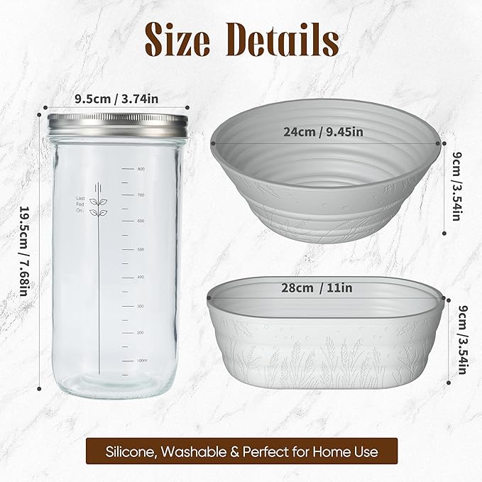 Sourdough Starter Kit with Jar ??Complete Sourdough Bread Baking Supplies for Beginners, Includes 2 Silicone Proofing Baskets Baking Mat Sour Dough Kit - Gray
