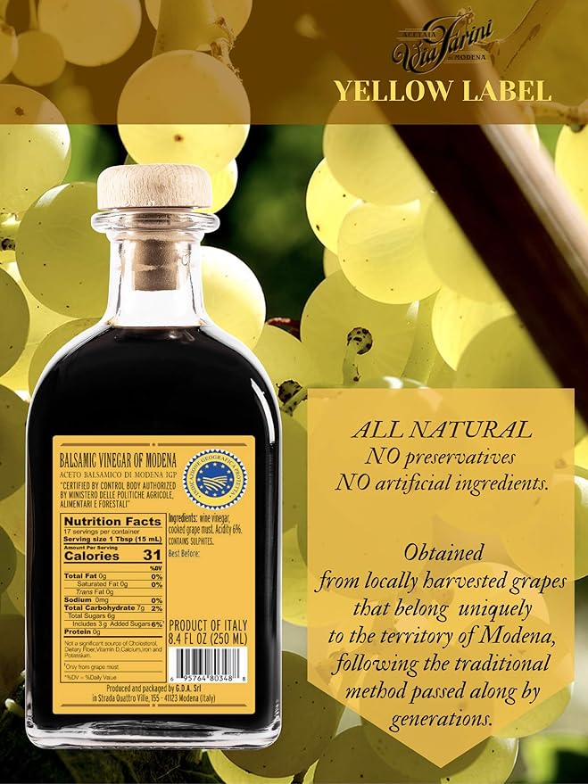 Via Farini Yellow Label Aceto Balsamico Di Modena IGP Aged Artisan Italian Balsamic Wine Vinegar 8.45 Fl Oz