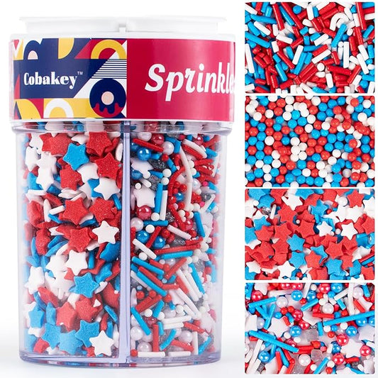 Patriotic Sprinkles 4 Cell Edible Red White and Blue Sprinkle Mix Jimmies Nonpareils Perfect for Cake Decorations Baking Ice Cream Cookies Cupcake Topper 6.5OZ