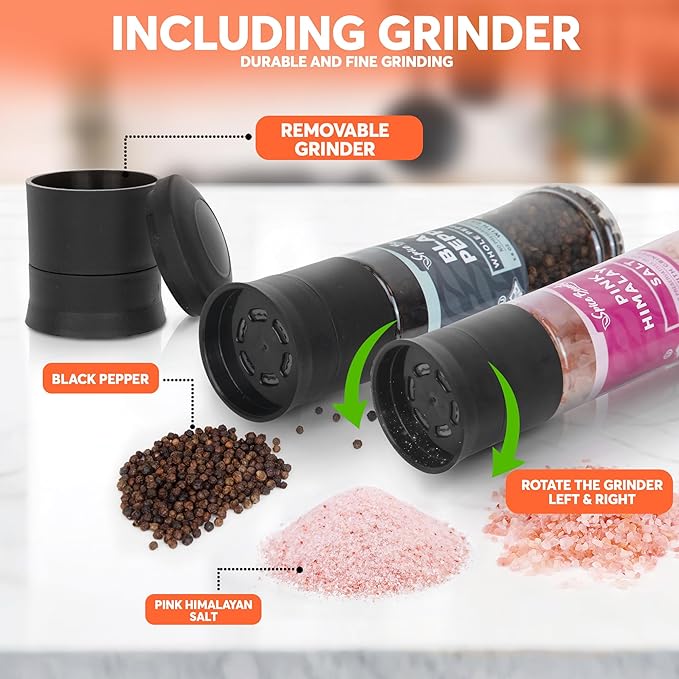 Spice Bounty Pink Himalayan Salt 12.9 oz and Whole Black Pepper 5.8 oz Grinder Set ??Coarse Salt and Peppercorns with Adjustable Grinders ??Gourmet Seasoning Duo for Cooking & Table Use