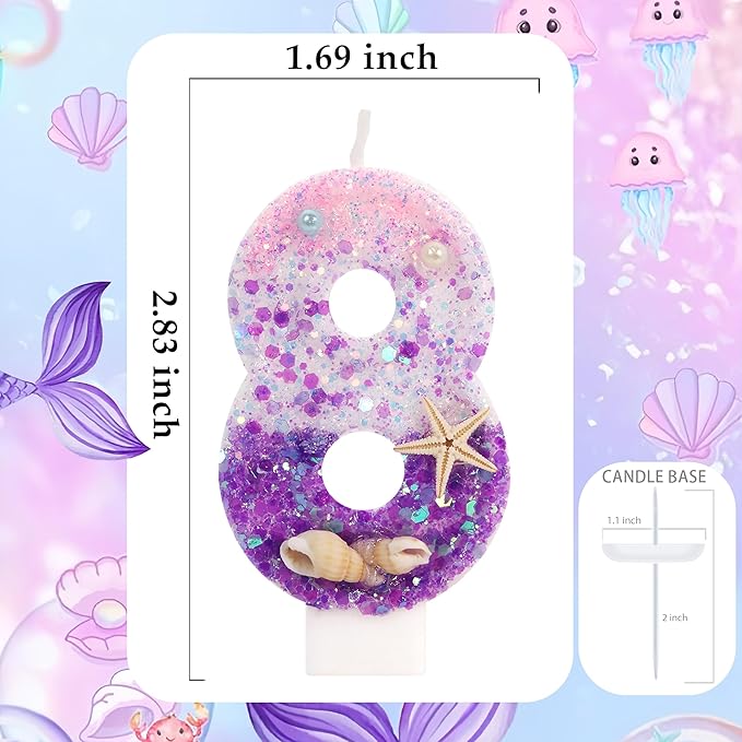 Purple Mermaid Party Number 8 Cake Candles, 2.76 inch Birthday Candle, Cake Topper Decoration for Birthday Party (Number 8)