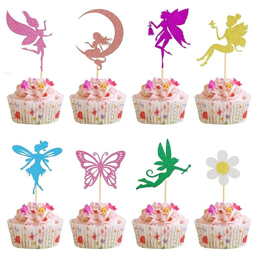24Pcs Fairy Cupcake Toppers Flower Angel Fairy Butterfly Flower Cupcake Picks for Wedding Bridal Shower Baby Shower Birthday Party Cake Decorations Supplies