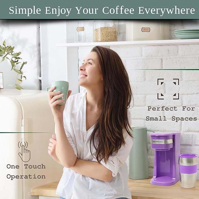 Mixpresso Purple Personal Single Serve Coffee Maker with 14oz Travel Mug, Drip Small Coffee Maker with Auto Shut Off, Reusable Filter, Works with Ground Coffee Only ??Not for K-Cup Pods