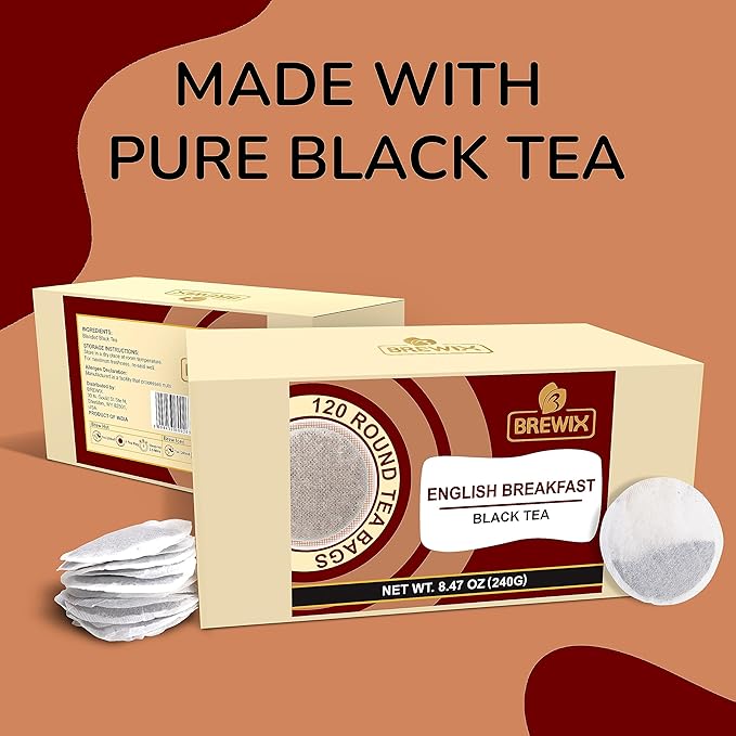 BREWIX English Breakfast Black Tea Bags (120 Count) High Caffeine Tea Bags | Premium Quality Round Eco Conscious Bags