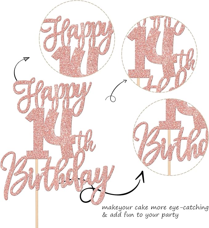 1 PCS Happy 14th Birthday Cake Topper Glitter Cheers to 14 Years Birthday Cake Pick Fourteen Hello 14 Fabulous Cake Decorations for Happy 14th Birthday Anniversary Party Supplies Rose Gold