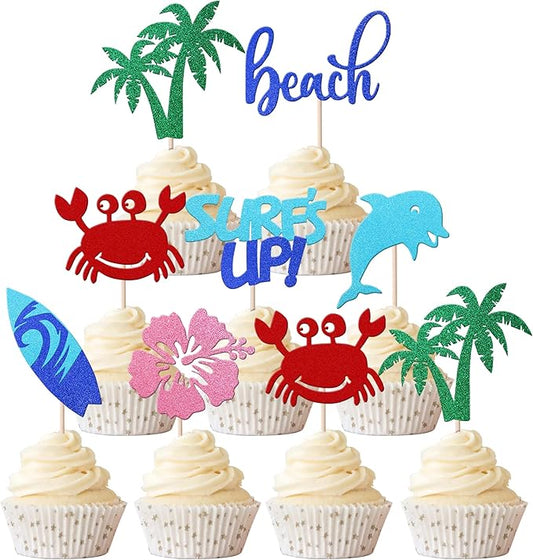 Rsstarxi 28 PCS Summer Beach Cupcake Toppers Glitter Surf's Up Surfboard Cupcake Picks Dolphin Crab Flower Cake Decorations for Hawaii Beach Theme Wedding Baby Shower Birthday Party Supplies