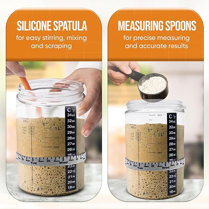 Sourdough Starter Kit - 34oz Large Capacity Glass Fermentation Jar with Lid, Silicon Spatula, and Measuring Spoons - Beginner Sourdough Starter Kit, Sourdough Bread Baking Supplies, Fermentation Kit