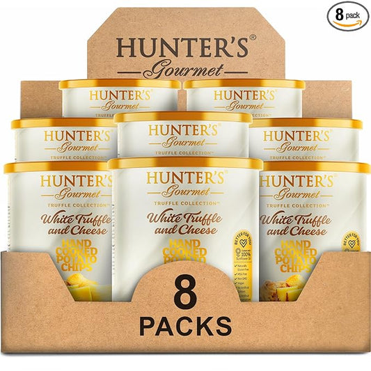 Hunter's Gourmet Chips | Healthy & Cholesterol Free | Halal | Made in a Nut-Free Facility | MSG & Preservative Free | White Truffle & Cheese | Gourmet Cheese Crisps | Pack of 8 | 40g