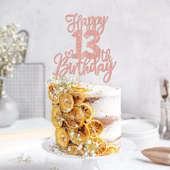 1 PCS Happy 13th Birthday Cake Topper Glitter Cheers to 13 Years Birthday Cake Pick 13 Official Teenager Cake Decoration for Happy 13th Birthday Anniversary Theme Party Decorations Rose Gold