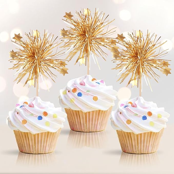 Rsstarxi 30 Pack Birthday Cupcake Toppers Gold Firework Cupcake Toppers Sparkle Tinsel Flower Drink Stirrers Cocktail Food Toothpicks for Valentine's Day Party Cake Decorations