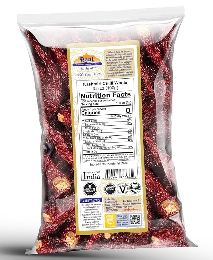 Rani Kashmiri Chilli Whole (Deggi Mirch, Low Heat) 3.5oz (100g) ~ Natural | Salt-Free | Vegan | No Colors | Gluten Friendly | NON-GMO | Kosher | Indian Origin