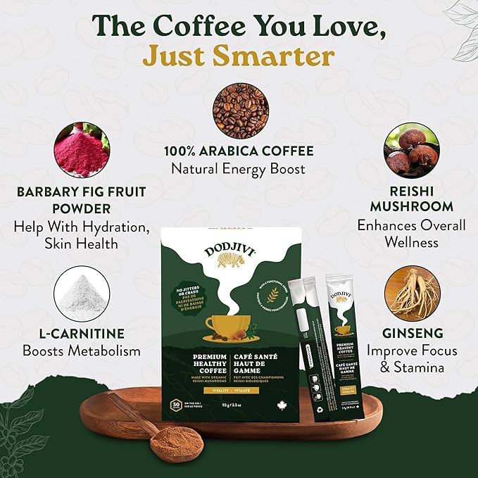 Dodjivi Organic Reishi Mushroom Coffee, Sustained Energy & Focus, Instant Coffee, Arabica with Adaptogenic Herbs, Sugar-Free, Vegan, Keto-Friendly, Low-Acid, Smooth Taste, 30 Sticks Bag