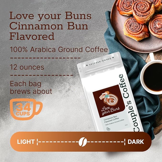 Couple?™s Coffee Ground Coffee | Gives Back to Military Families | Love Your Buns | Medium Roast Cinnamon Bun Flavored Coffee | Made with 100% Arabica Beans | 12oz bag brews about 34 cups
