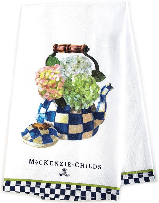MACKENZIE-CHILDS Cotton Dish Towel, Cute Decorative Kitchen Dish Towel for Cleaning and Home Decor, Set of 1, Hydrangea Tea Kettle