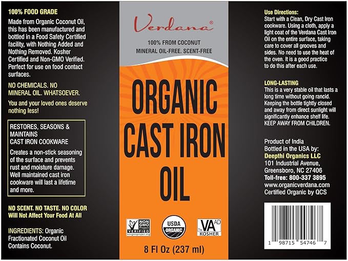 Verdana Cast Iron Seasoning Oil – 8 Fl Oz - Organic, Food Grade, Kosher, Non-GMO - Coconut Derived – Cleans, Conditions & Prevents Rust – No Mineral Oil – For Skillet, Grill, Pan
