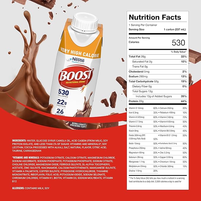 BOOST Very High Calorie Nutritional Drink ??Helps Weight Gain & Maintenance - 530 Calories - 26 Vitamins & Minerals - 22 g Protein - Calorie-Dense Nutritional Drink - Chocolate - 8 fl oz (Pack of 24)