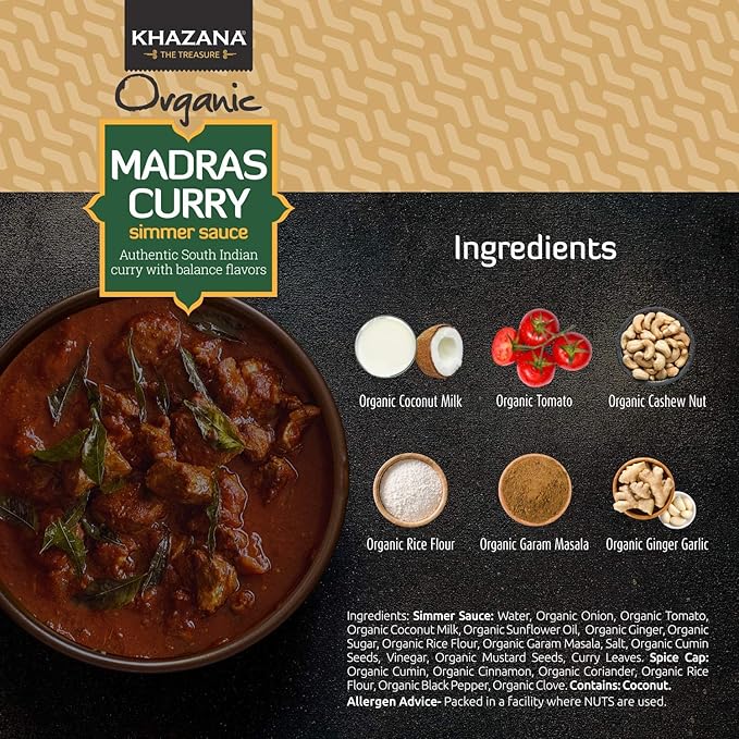 Khazana ORGANIC Madras Curry Indian Simmer Sauce - 12.7oz Jars | Non-GMO, Vegan, Gluten Free, Kosher | Authentic Indian Meals Made Easy at Home!