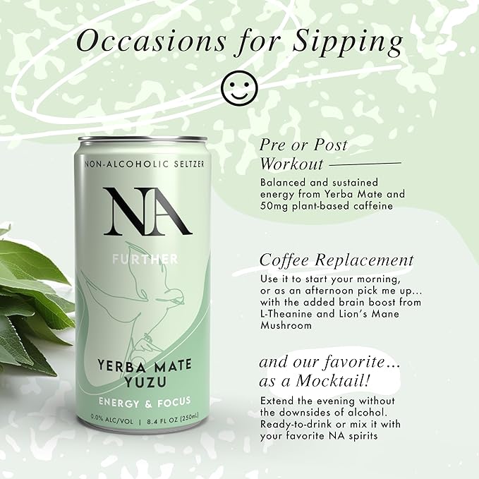 NA Non-Alcoholic Functional Mocktails with Natural Caffeine, Lions Mane Mushroom & L-Theanine for Focus and Energy | Low Sugar, Low Calorie Social Tonic, Yerba Mate Tea and Yuzu, 8.4oz Cans (12 Pack)