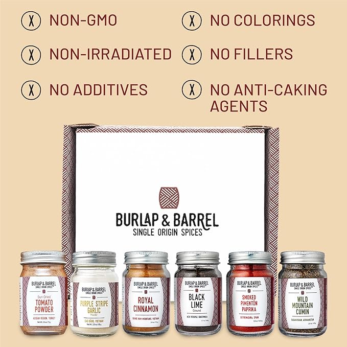 Burlap & Barrel 6-Pack Spice Gift Set ??6 Full-Size Jars of Favorite Spices for the Curious Cook ??Includes Cinnamon, Garlic & More Seasonings - As Seen On Shark Tank