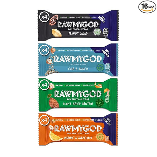 RAWMYGOD Fruit and Nut Bars, Gluten Free, Vegan, No Added Sugar (16 bars, Protein Pack - 4 Orange & Hazelnut, 4 Fruit & Nut, 4 Chia & Choco, 4 Peanut & Cacao)