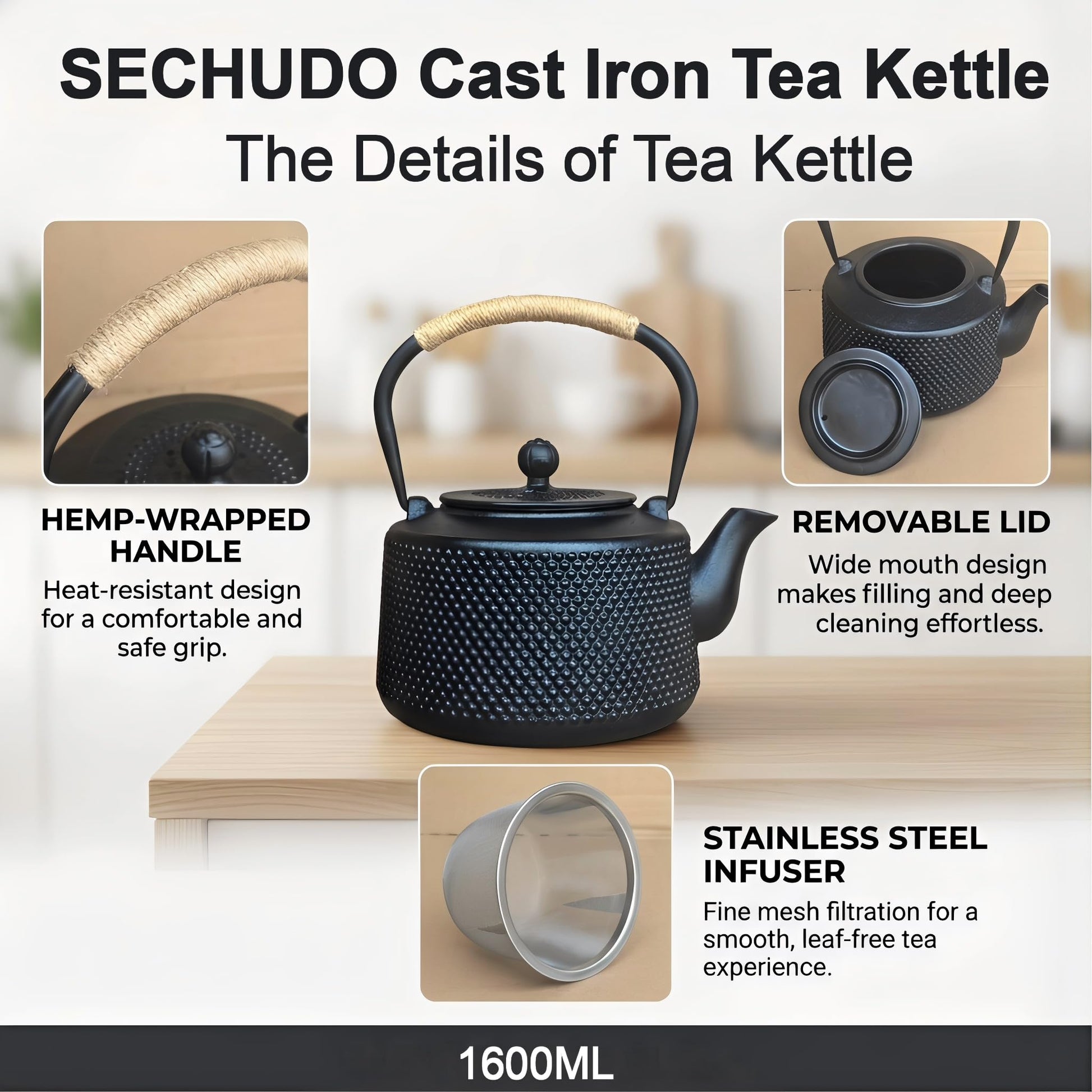 SECHUDO 54oz Hobnail Cast Iron Teapot for Stovetop, Tea Kettle with Infuser for Loose Leaf, Tea Pot