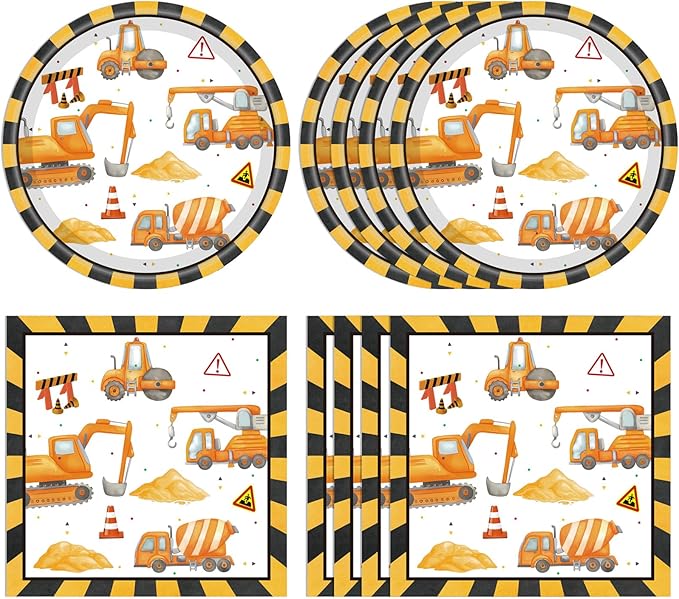 40Pcs Construction Plates and Napkins Set Construction Birthday Decorations Disposable Tableware Paper Plates and Napkins, for Toddler Kids Boys Dump Digger Tractor Excavator Birthday Decor, Serves 20