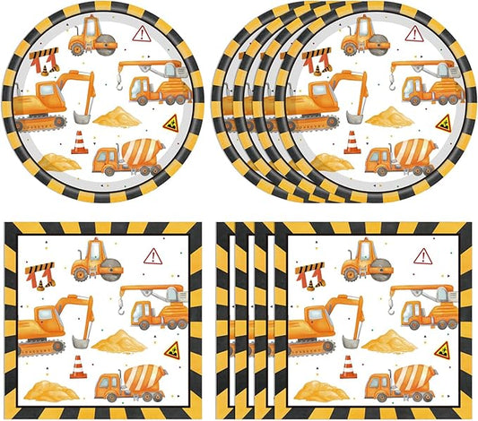 40Pcs Construction Plates and Napkins Set Construction Birthday Decorations Disposable Tableware Paper Plates and Napkins, for Toddler Kids Boys Dump Digger Tractor Excavator Birthday Decor, Serves 20