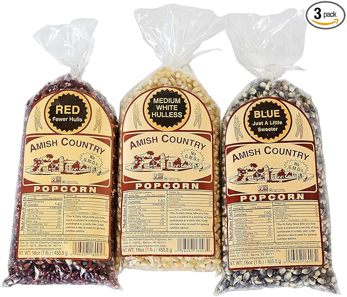 Amish Country Popcorn | Variety Bundles | 3-1 lb Bags | Red - White - Blue Popcorn Kernels | Old Fashioned, Non-GMO and Gluten Free