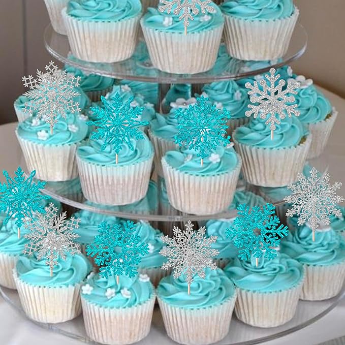 Rsstarxi 24 Pack Snowflake Cupcake Toppers Glitter Winter Wonderland Snowflake Theme Cupcake Picks Decoration for Baby Shower Kids Birthday Christmas Party Cake Decorations Silver Blue