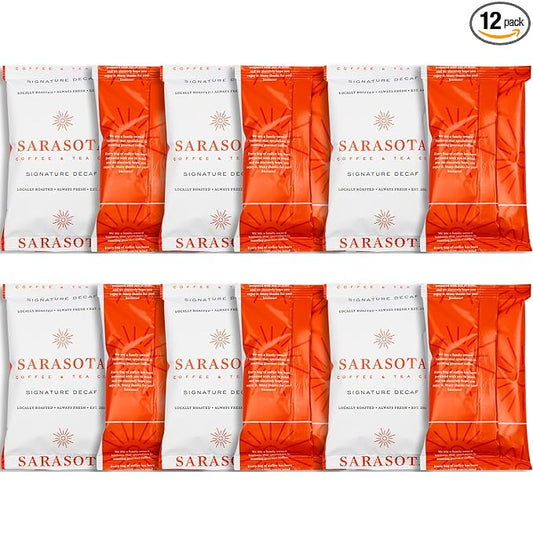Sarasota Coffee Ground Packets | Gourmet Decaf Medium-Dark Roast Ground Coffee Packs | Decaf | Low Acid Mold Free Individual Single Pot Pouches for 12 Cup Coffee Maker | 2 Ounce Bags, 12 Count