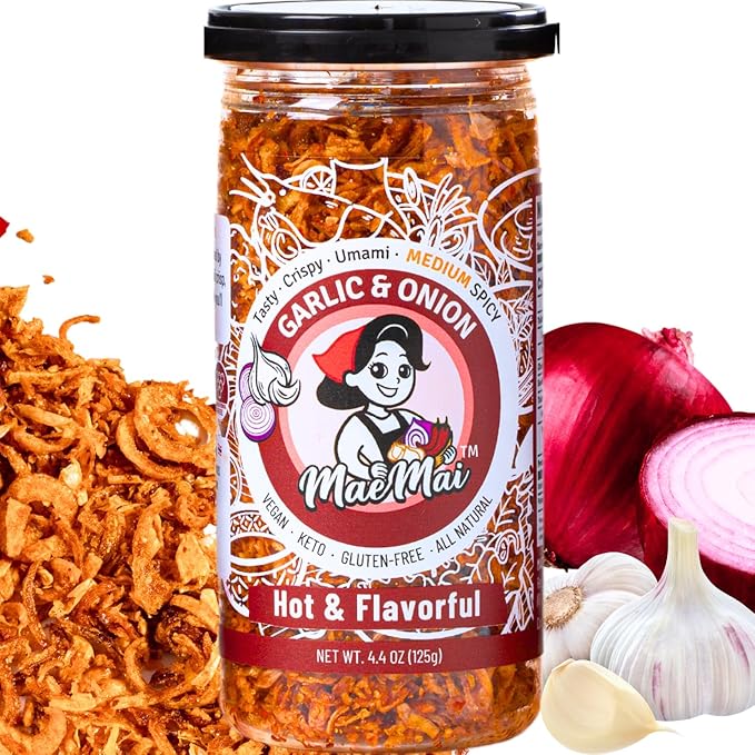 MaeMai Chili Crisp (MEDIUM HOT Spice) - Non-Oily Chili Crisp Topper, Rice Seasoning, Ramen Topper, Furikake, Umami Onion & Garlic Flakes | 4.41oz (125g) Resealable Bottle