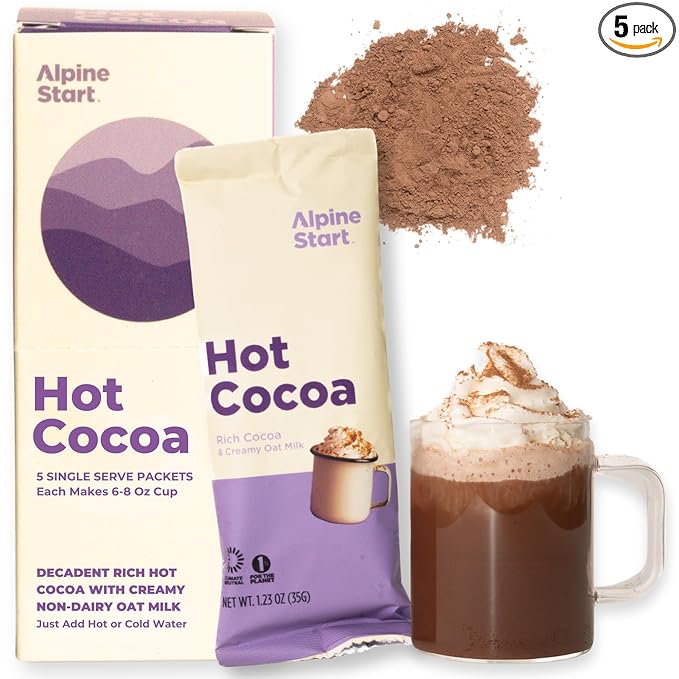 Alpine Start Instant Hot Cocoa Mix - Individual Packets with Organic Oatmilk and Pure Cocoa - Rich and Creamy Hot Chocolate Powder, Vegan and Dairy-Free (1.23 OZ Sticks) Box of 5
