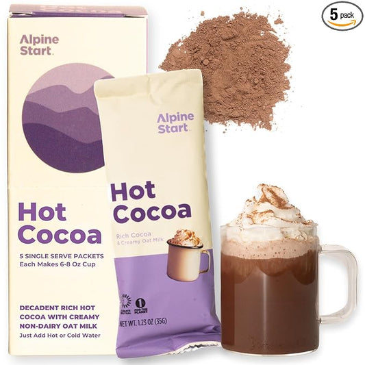 Alpine Start Instant Hot Cocoa Mix - Individual Packets with Organic Oatmilk and Pure Cocoa - Rich and Creamy Hot Chocolate Powder, Vegan and Dairy-Free (1.23 OZ Sticks) Box of 5