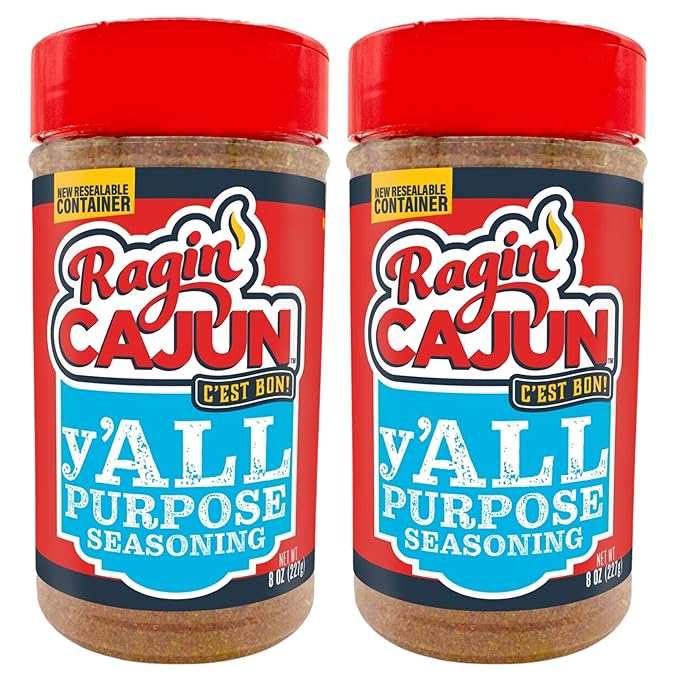 Ragin' Cajun y'ALL PURPOSE Seasoning - 8 oz Shaker - Pack of 2, Low Sodium, No MSG - Mild Louisiana Cajun Spice for Meats, Seafood & Veggies